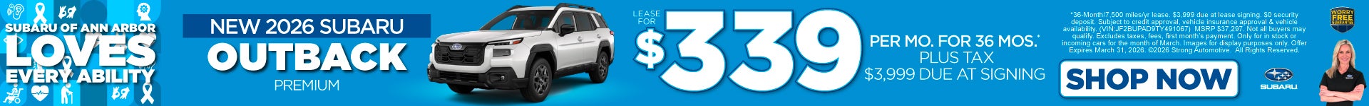 New 2026 Subaru Outback Premium "$319 a month for 36 Months* $3,999 Due at Signing"